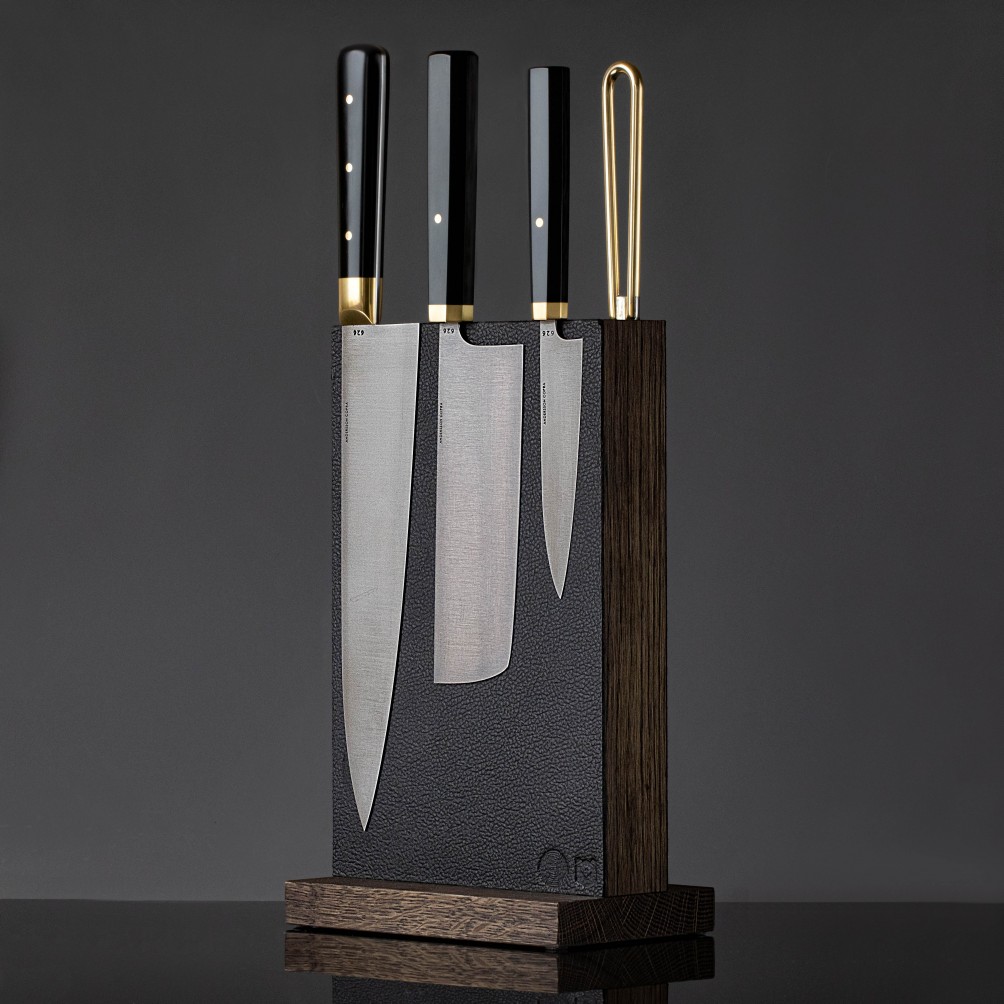 Leather & Oak Magnetic Counter Top Knife Block collaboration with Piotr the Bear.